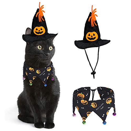 Rypet Cat Halloween Costume - Halloween Cat Collar with Bells and Halloween Pumpkin Hat Cat Costume Suit for Cats and Small Dogs…