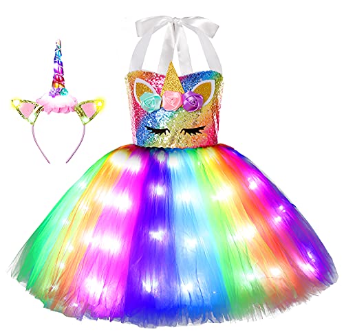 Girls Unicorn Princess Costume LED Light Up Birthday Party Outfit Halloween Tutu Dress with Headband Colorful 3-4T