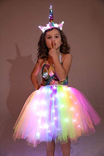 Girls Unicorn Princess Costume LED Light Up Birthday Party Outfit Halloween Tutu Dress with Headband Colorful 3-4T