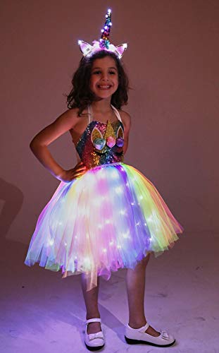 Girls Unicorn Princess Costume LED Light Up Birthday Party Outfit Halloween Tutu Dress with Headband Colorful 3-4T