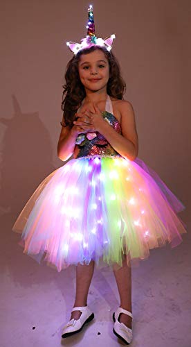 Girls Unicorn Princess Costume LED Light Up Birthday Party Outfit Halloween Tutu Dress with Headband Colorful 3-4T