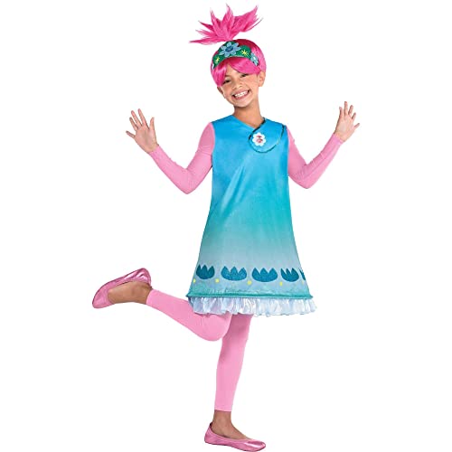 Party City Queen Poppy Halloween Costume for Girls, Trolls World Tour, Medium (8-10), Includes Wig, Dress and Tights