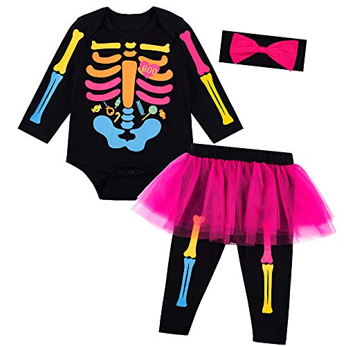 Baby Girls Newborn Skeleton Halloween Costume Outfit Funny Long Sleeve Skull Tulle Skirt Romper Set (12-18 M) Black