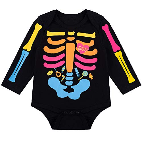 Baby Girls Newborn Skeleton Halloween Costume Outfit Funny Long Sleeve Skull Tulle Skirt Romper Set (12-18 M) Black