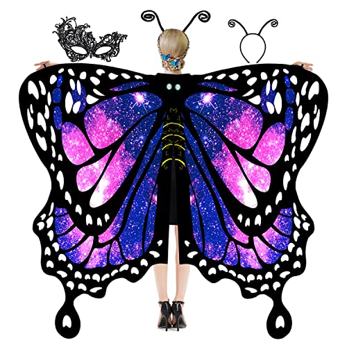 Butterfly Wings for Women, Halloween Costume Adults Fairy Ladies Cape Nymph Pixie Cloak with Mask and Antenna Headband