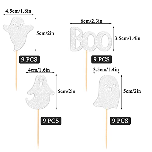 JKQ 36 Pieces Halloween Ghost Cupcake Toppers White Glittery Halloween Boo Ghost Cupcake Picks Halloween Baby Shower Birthday Ghost Cake Cupcake Decorations Supplies