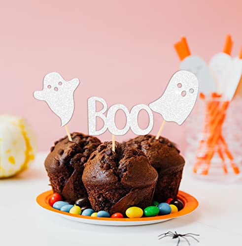 JKQ 36 Pieces Halloween Ghost Cupcake Toppers White Glittery Halloween Boo Ghost Cupcake Picks Halloween Baby Shower Birthday Ghost Cake Cupcake Decorations Supplies
