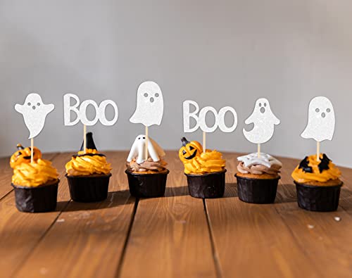 JKQ 36 Pieces Halloween Ghost Cupcake Toppers White Glittery Halloween Boo Ghost Cupcake Picks Halloween Baby Shower Birthday Ghost Cake Cupcake Decorations Supplies