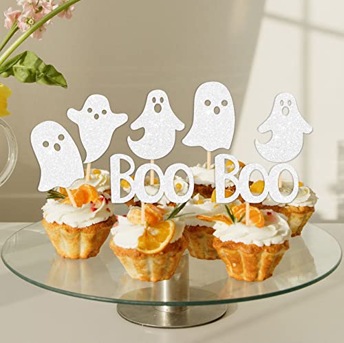 JKQ 36 Pieces Halloween Ghost Cupcake Toppers White Glittery Halloween Boo Ghost Cupcake Picks Halloween Baby Shower Birthday Ghost Cake Cupcake Decorations Supplies
