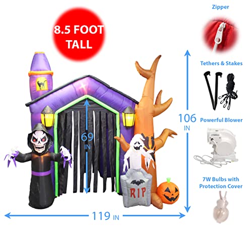 8.5 Foot Halloween Inflatable Haunted House Castle with Skeleton, Ghost & Skulls
