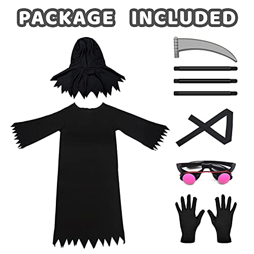 Grim Reaper Halloween Costume with Glowing Red Eyes for Kids, Scythe Included