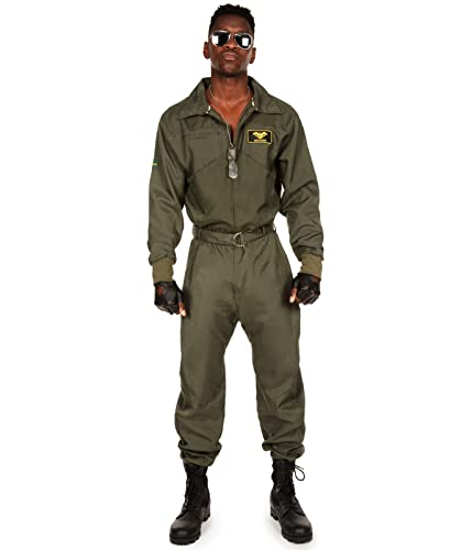 Tipsy Elves' Men's Pilot Costume - Green Military Flight Halloween Jumpsuit Size Medium