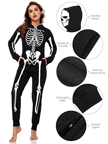 URATOT Women Skeleton Costume Glow in The Dark Halloween Onesie Pajama, X-Large Black