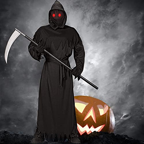 Grim Reaper Halloween Costume with Glowing Red Eyes for Kids, Scythe Included