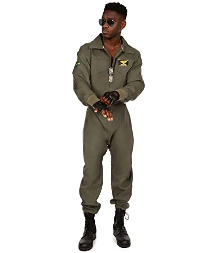 Tipsy Elves' Men's Pilot Costume - Green Military Flight Halloween Jumpsuit Size Medium