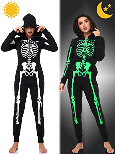 URATOT Women Skeleton Costume Glow in The Dark Halloween Onesie Pajama, X-Large Black