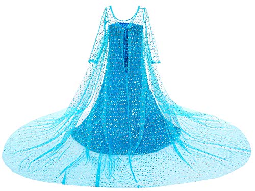 Princess Costume Long Cape Birthday Party Dress up with Crown,Magic Wand,Wig,Gloves for Little Girls 5-6 Years(130CM,E08)