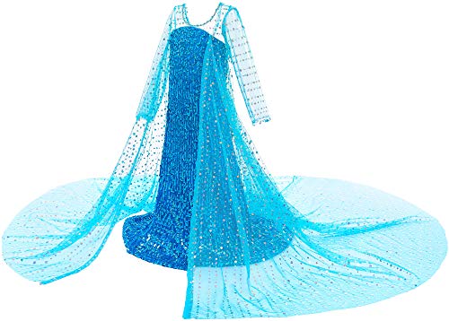 Princess Costume Long Cape Birthday Party Dress up with Crown,Magic Wand,Wig,Gloves for Little Girls 5-6 Years(130CM,E08)