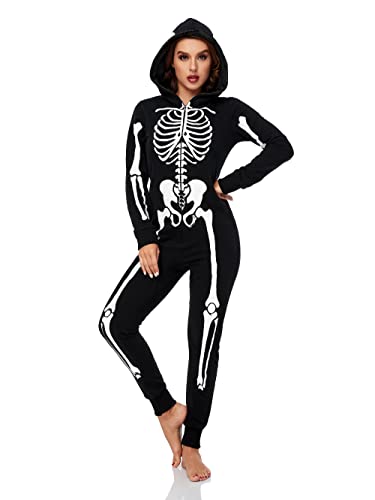 URATOT Women Skeleton Costume Glow in The Dark Halloween Onesie Pajama, X-Large Black