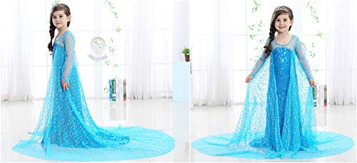 Princess Costume Long Cape Birthday Party Dress up with Crown,Magic Wand,Wig,Gloves for Little Girls 5-6 Years(130CM,E08)