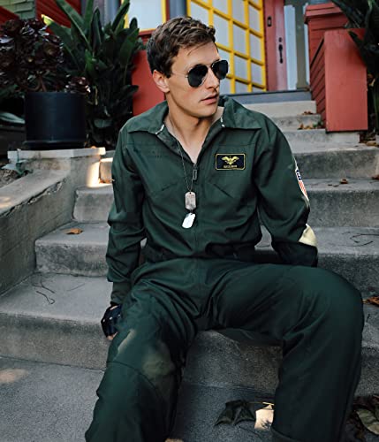 Tipsy Elves' Men's Pilot Costume - Green Military Flight Halloween Jumpsuit Size Medium