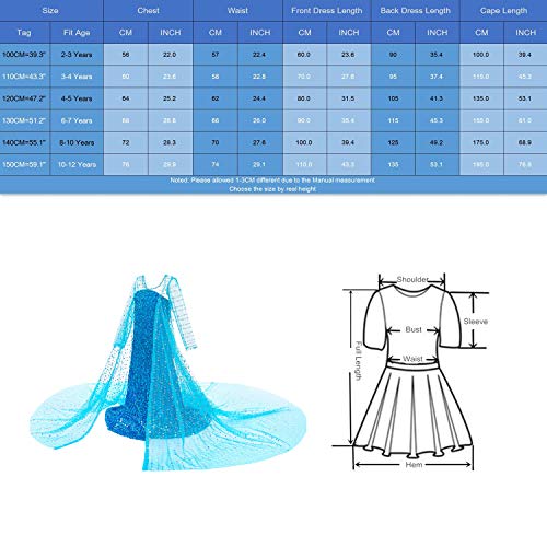 Princess Costume Long Cape Birthday Party Dress up with Crown,Magic Wand,Wig,Gloves for Little Girls 5-6 Years(130CM,E08)