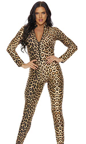Forplay Women's Leopard Zipfront Catsuit, Brown, Small/Medium