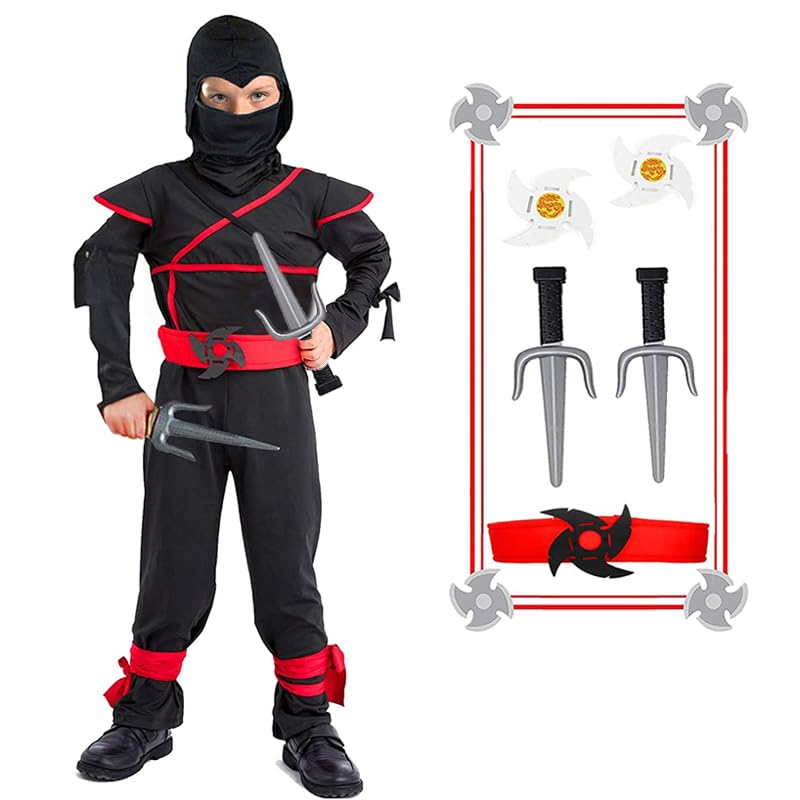 SATKULL Kids Ninja Costume with Halloween Ninja Accessories Boys Dress up Best Gifts(kids-M-6/7T)