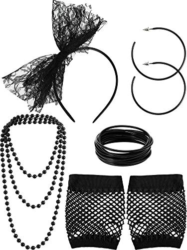 80s Accessories for Women Costume Lace Headband Earrings Fishnet Gloves Necklace Bracelet for 80's Party (Black)