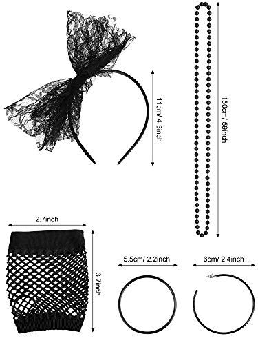 80s Accessories for Women Costume Lace Headband Earrings Fishnet Gloves Necklace Bracelet for 80's Party (Black)