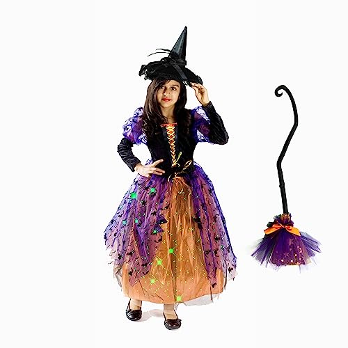 MONIKA FASHION WORLD Witch costume for girls with BROOM, black hat skirt lights up (Medium (6-8))
