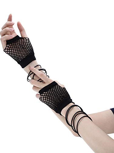 80s Accessories for Women Costume Lace Headband Earrings Fishnet Gloves Necklace Bracelet for 80's Party (Black)