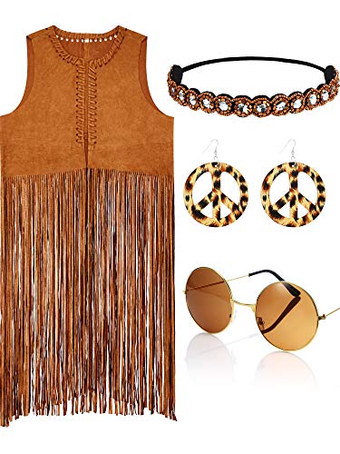 WILLBOND 4 Piece Women Hippie Costume Set 60s 70s Fringe Vest Faux Seude Tassels vest (XXL)