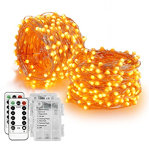 Homemory 2 Pack 33Ft 100 LED Fall Fairy String Lights, Battery Operated Thanksgiving Lights with Remote Waterproof 8 Modes Firefly Twinkle String Lights for Party Thanksgiving Decorations, Orange