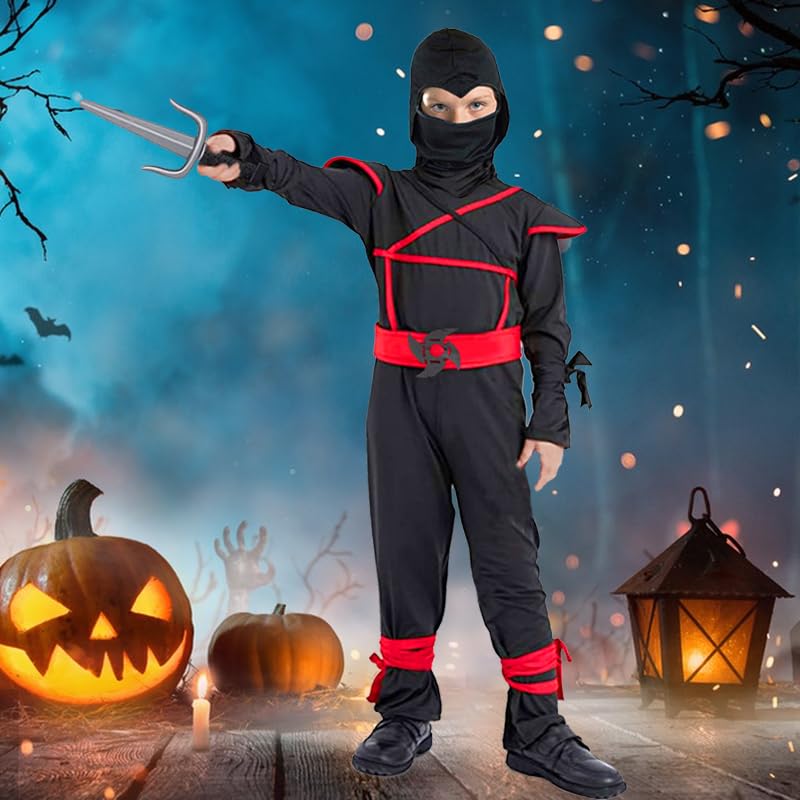 SATKULL Kids Ninja Costume with Halloween Ninja Accessories Boys Dress up Best Gifts(kids-M-6/7T)