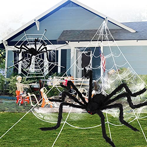 OPOLEMIN Halloween Spider Decorations, 2 * 50.4" Scary Giant Spiders + 2 Huge Halloween Spider Webs + Stretch Cobweb Set for Halloween Decorations Outdoor Yard Party Lawn Decor Props