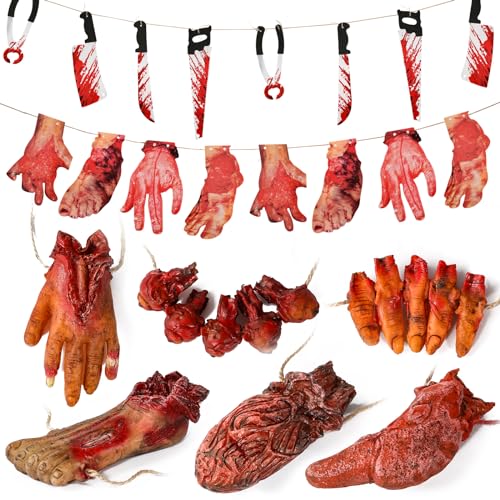 Halloween Blood Weapon Garland Banner Props Fake Scary Severed Hand Broken Body Parts for Haunted House Halloween Vampire Zombie Party Decorations Supplies (6pcs Body Parts + 20pcs Weapons)