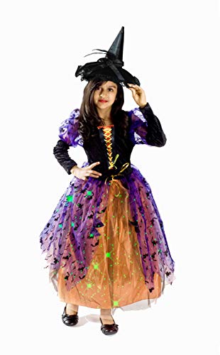 MONIKA FASHION WORLD Witch costume for girls with BROOM, black hat skirt lights up (Medium (6-8))