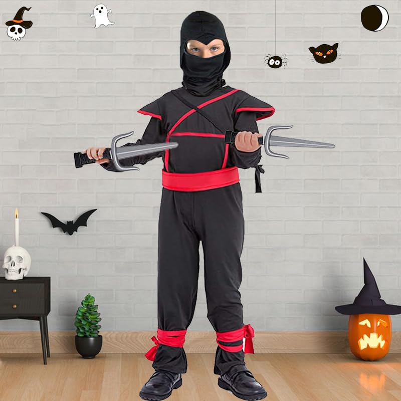 SATKULL Kids Ninja Costume with Halloween Ninja Accessories Boys Dress up Best Gifts(kids-M-6/7T)