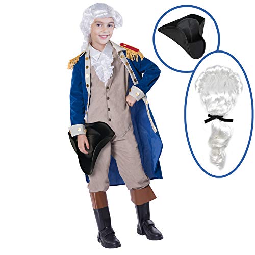 Spooktacular Creations George Washington Costume for Kids, Colonial Boys Costume Set with Wig and Hat for Halloween Dress Up Party (Medium (8-10yr))