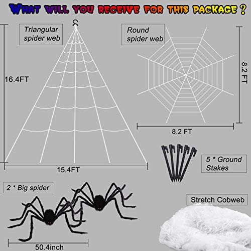 OPOLEMIN Halloween Spider Decorations, 2 * 50.4" Scary Giant Spiders + 2 Huge Halloween Spider Webs + Stretch Cobweb Set for Halloween Decorations Outdoor Yard Party Lawn Decor Props