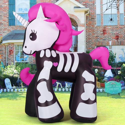 GOOSH 5.2FT Height Halloween Inflatables Decorations Outdoor Cute Skeleton Unicorn, Decor Blow Up Yard Clearance with LED Lights Built-in for Holiday Party Yard Garden