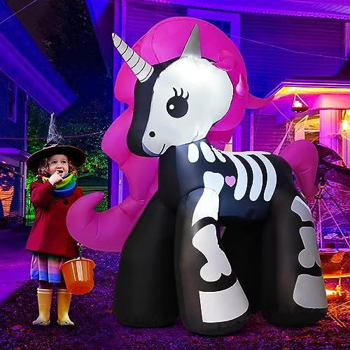 GOOSH 5.2FT Height Halloween Inflatables Decorations Outdoor Cute Skeleton Unicorn, Decor Blow Up Yard Clearance with LED Lights Built-in for Holiday Party Yard Garden