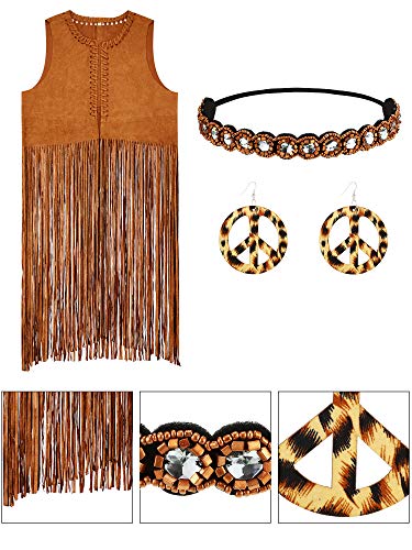 WILLBOND 4 Piece Women Hippie Costume Set 60s 70s Fringe Vest Faux Seude Tassels vest (XXL)