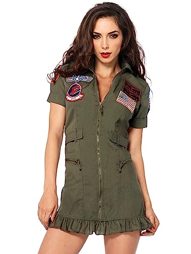 Leg Avenue womens Top Gun Flight Dress With Interchangeable Name Badges – Sexy Maverick Pilot Halloween fo Adult Sized Costumes, Khaki/Green, Medium US