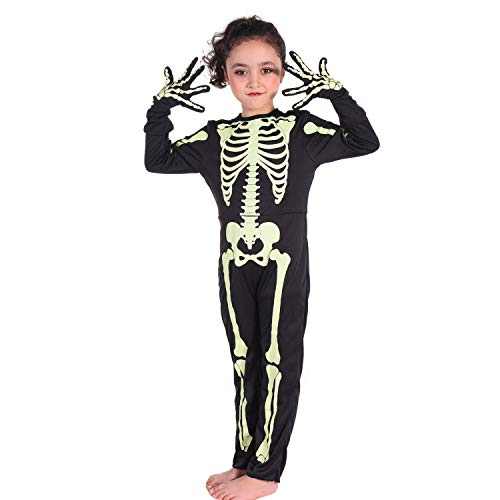 CO-AVE Skeleton Costume Kids Halloween with Gloves Glow in The Dark Skelebone Outfit for Boys and Girls Halloween Role Play,6T