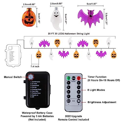 Mosoan Halloween String Lights Battery Operated 20 Feet 30 LED 3D Pumpkin Bat Ghost Lights with Timer - 8 Light Modes Halloween Decorations Lights Indoor Outdoor Cute Halloween Party Decor (Upgrade)