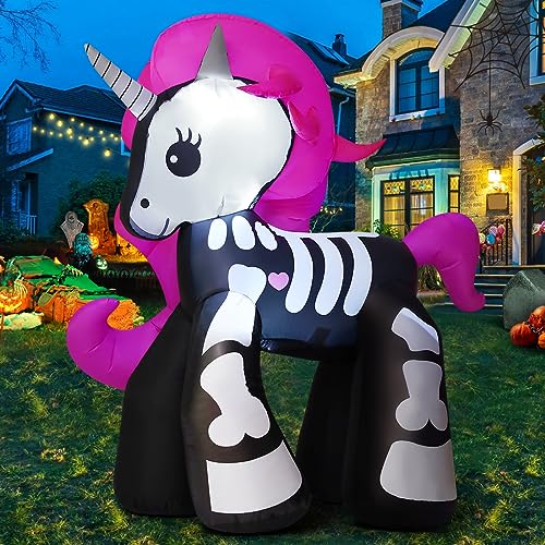 GOOSH 5.2FT Height Halloween Inflatables Decorations Outdoor Cute Skeleton Unicorn, Decor Blow Up Yard Clearance with LED Lights Built-in for Holiday Party Yard Garden