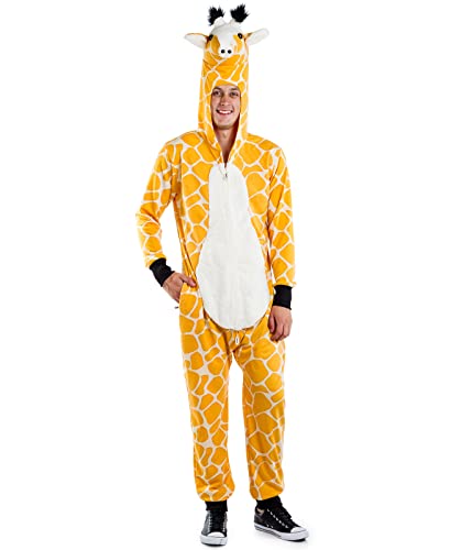 Tipsy Elves Funny Animal Halloween Giraffe Costume Jumpsuit with Stuffed Animal Style Hood for Men Size Large