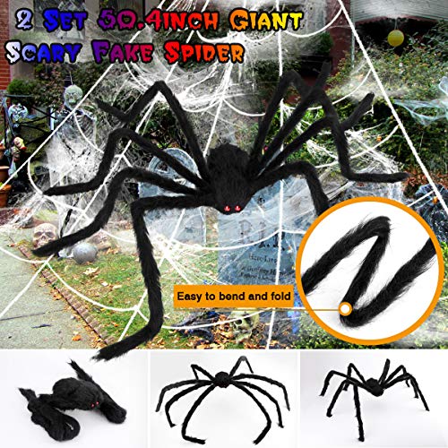 OPOLEMIN Halloween Spider Decorations, 2 * 50.4" Scary Giant Spiders + 2 Huge Halloween Spider Webs + Stretch Cobweb Set for Halloween Decorations Outdoor Yard Party Lawn Decor Props